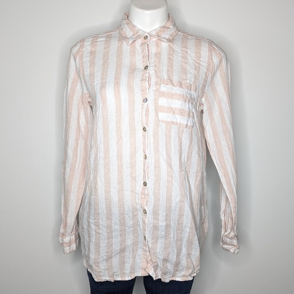 C&C California pink white striped 100% linen long sleeve button up shirt S - Picture 1 of 7